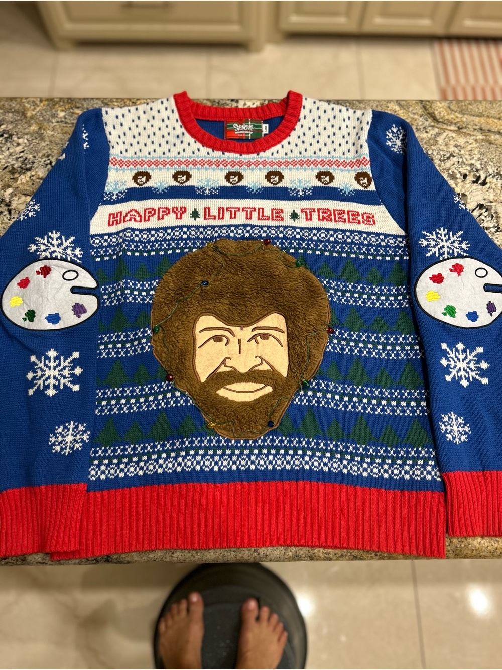 Spencer's Blue Holiday 'Happy Little Trees' Bob Ross Crewneck Sweater